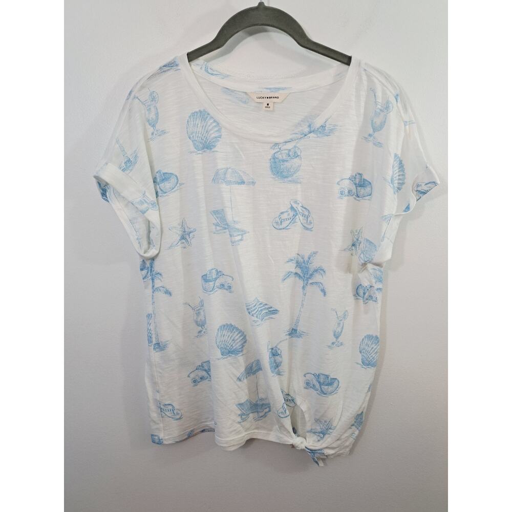 Lucky Brand Women's White Blue Beachy Tee Shirt In Size Medium Tie Hem
